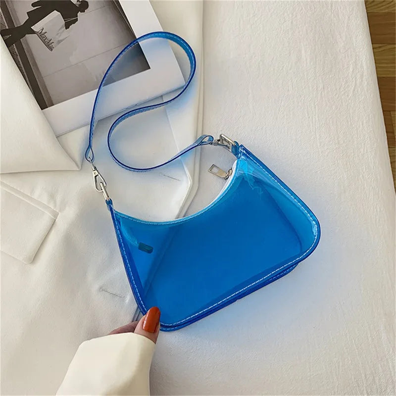 Bolsa de ombro de gelatina transparente para mulheres, bolsas pequenas com zíper nas axilas Y2K e bolsa da moda