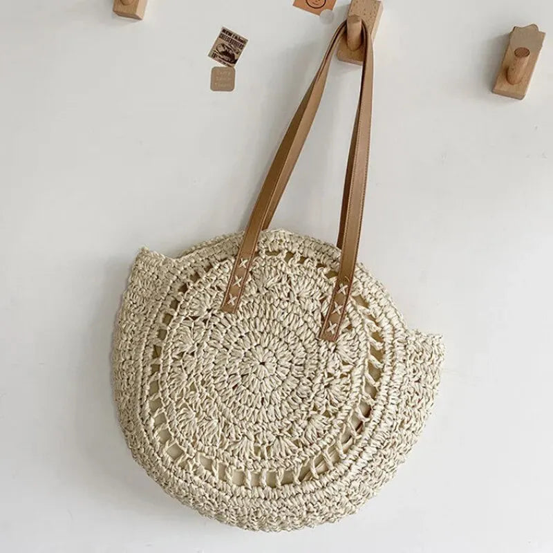 Verão redondo palha feminina férias tecido praia bolsa de ombro grande capacidade oco para fora simples sacola