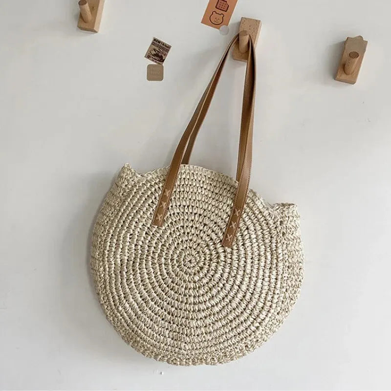 Verão redondo palha feminina férias tecido praia bolsa de ombro grande capacidade oco para fora simples sacola