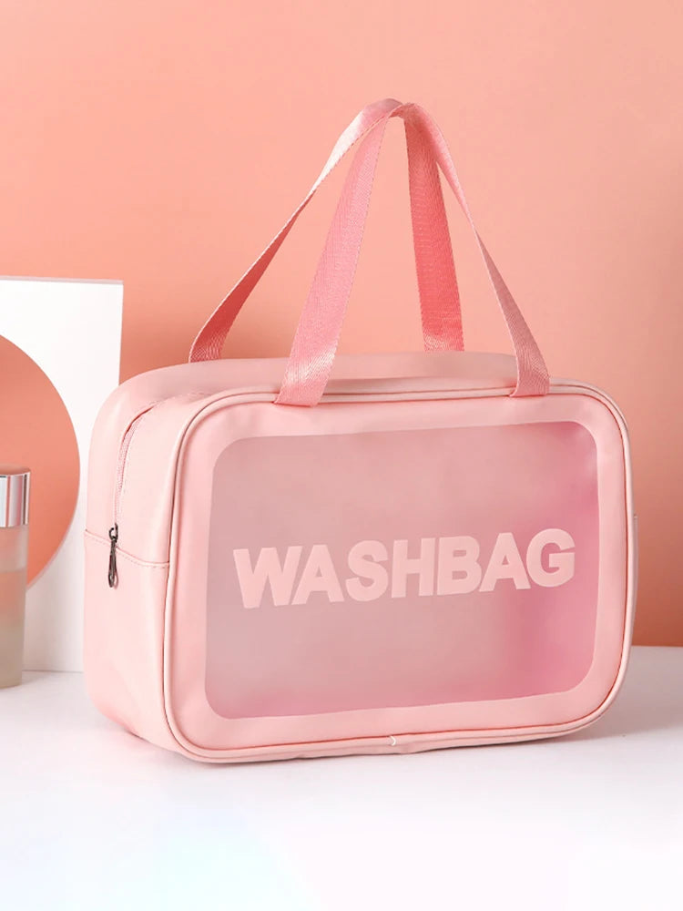 Bolsa transparente de três peças para maquiagem e produtos de higiene pessoal, bolsa de armazenamento portátil fosca semitransparente de pvc de grande capacidade