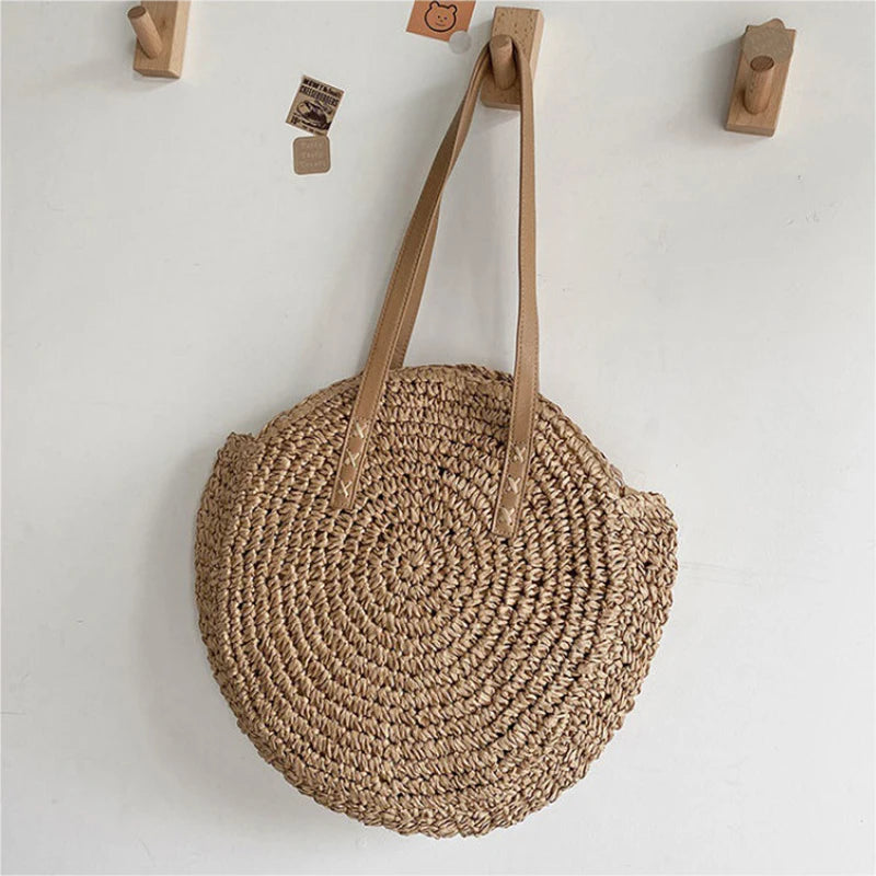 Verão redondo palha feminina férias tecido praia bolsa de ombro grande capacidade oco para fora simples sacola