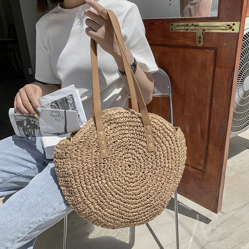 Sacos de palha redondos de verão para mulheres rattan bolsa de ombro viagem artesanal tecido praia bolsas femininas grande capacidade totes saco