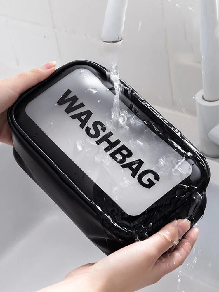 Bolsa transparente de três peças para maquiagem e produtos de higiene pessoal, bolsa de armazenamento portátil fosca semitransparente de pvc de grande capacidade