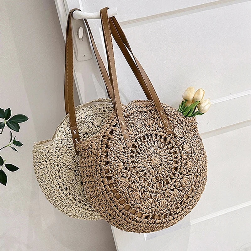 Verão redondo palha feminina férias tecido praia bolsa de ombro grande capacidade oco para fora simples sacola