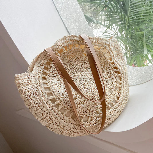 Sacos de palha redondos de verão para mulheres rattan bolsa de ombro viagem artesanal tecido praia bolsas femininas grande capacidade totes saco