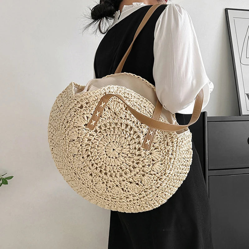 Verão redondo palha feminina férias tecido praia bolsa de ombro grande capacidade oco para fora simples sacola