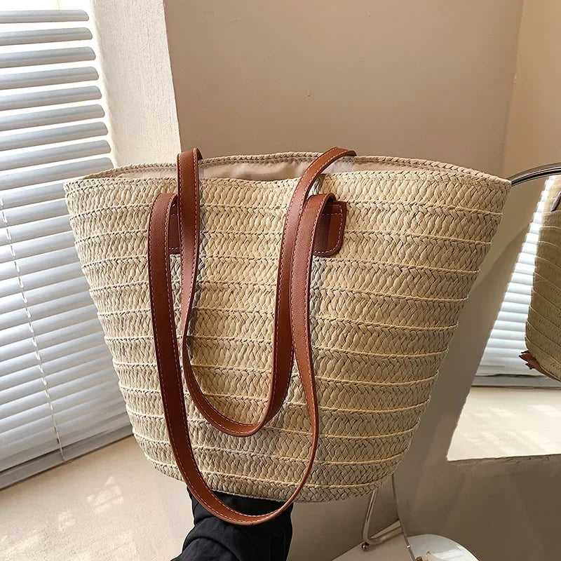 Bolsa de ombro feminina grande capacidade verão palha tecido cesta bolsa moda feminina designer luxo saco praia bali shopper tote