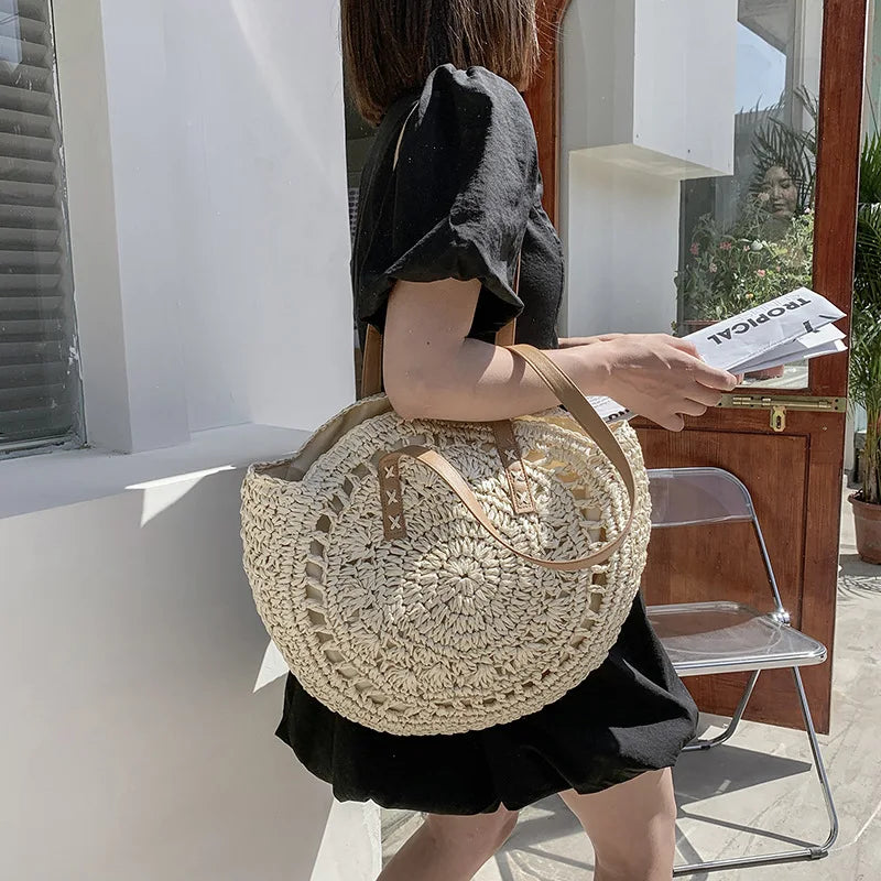 Sacos de palha redondos de verão para mulheres rattan bolsa de ombro viagem artesanal tecido praia bolsas femininas grande capacidade totes saco