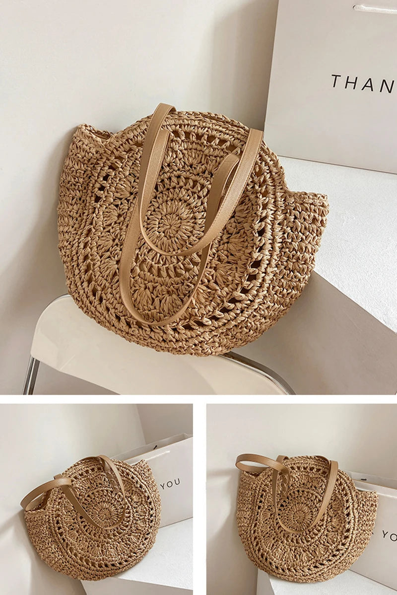 Sacos de palha redondos de verão para mulheres rattan bolsa de ombro viagem artesanal tecido praia bolsas femininas grande capacidade totes saco