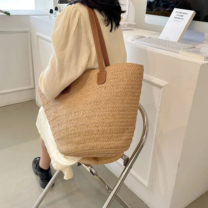 Bolsa de ombro feminina grande capacidade verão palha tecido cesta bolsa moda feminina designer luxo saco praia bali shopper tote