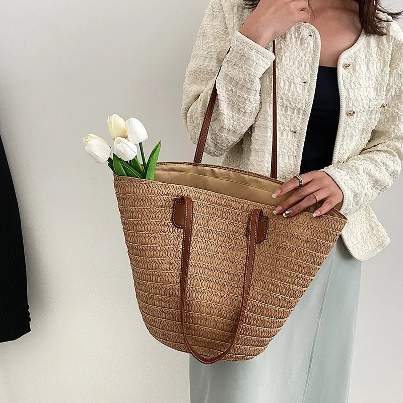 Bolsa de ombro feminina grande capacidade verão palha tecido cesta bolsa moda feminina designer luxo saco praia bali shopper tote