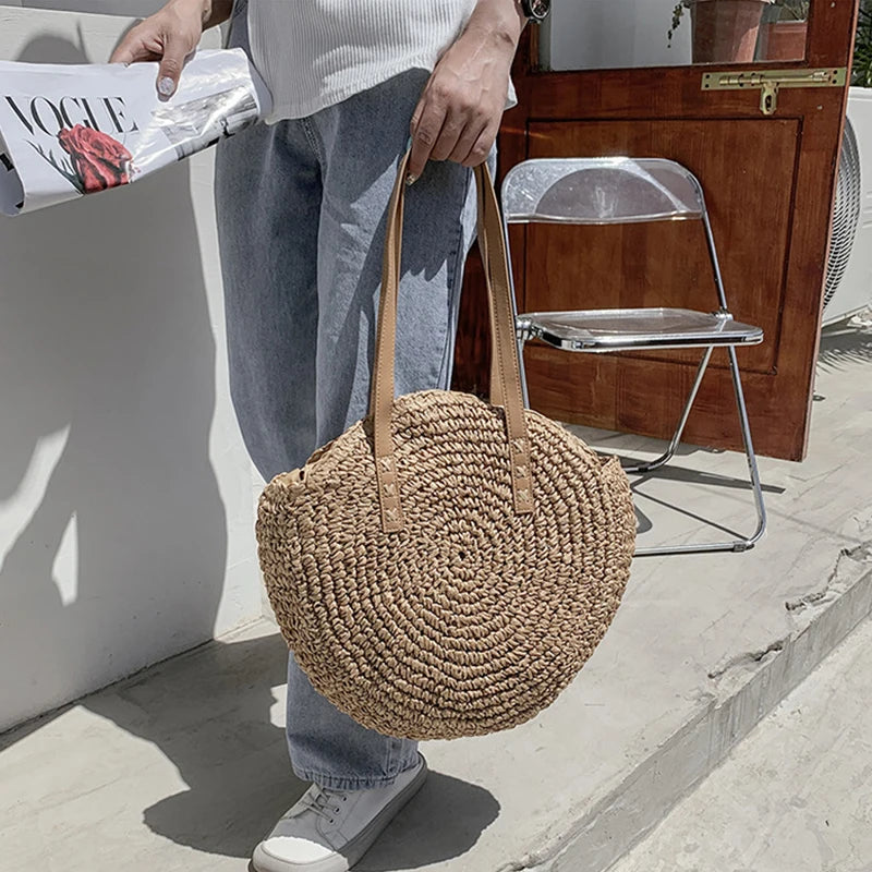 Sacos de palha redondos de verão para mulheres rattan bolsa de ombro viagem artesanal tecido praia bolsas femininas grande capacidade totes saco