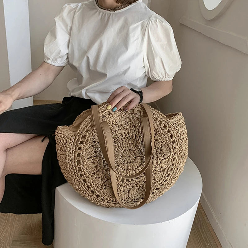 Sacos de palha redondos de verão para mulheres rattan bolsa de ombro viagem artesanal tecido praia bolsas femininas grande capacidade totes saco