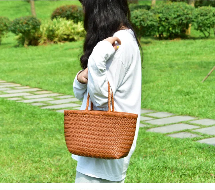 Bolsas femininas de couro genuíno bolsa de ombro tecelagem casual saco de compras vintage grande tote bolsa de mão cruz senhora