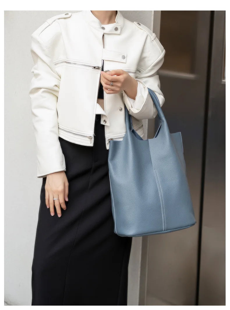 Couro genuíno commuter sacola simples senhoras macio tote bolsa de ombro grande capacidade bolsa balde feminina 2025 novo