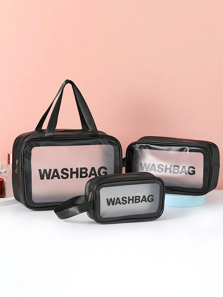Bolsa transparente de três peças para maquiagem e produtos de higiene pessoal, bolsa de armazenamento portátil fosca semitransparente de pvc de grande capacidade