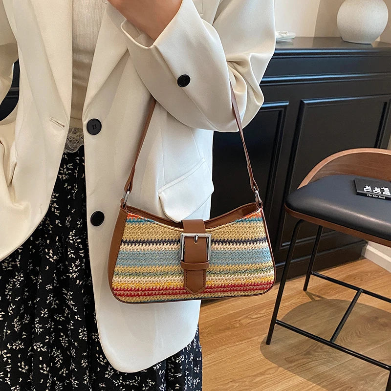 Bolsa feminina de palha tecida moda bolsa de ombro de tecelagem de grande capacidade bolsa de palha tecida à mão bolsa de praia de verão