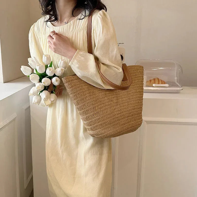 Bolsa de ombro feminina grande capacidade verão palha tecido cesta bolsa moda feminina designer luxo saco praia bali shopper tote