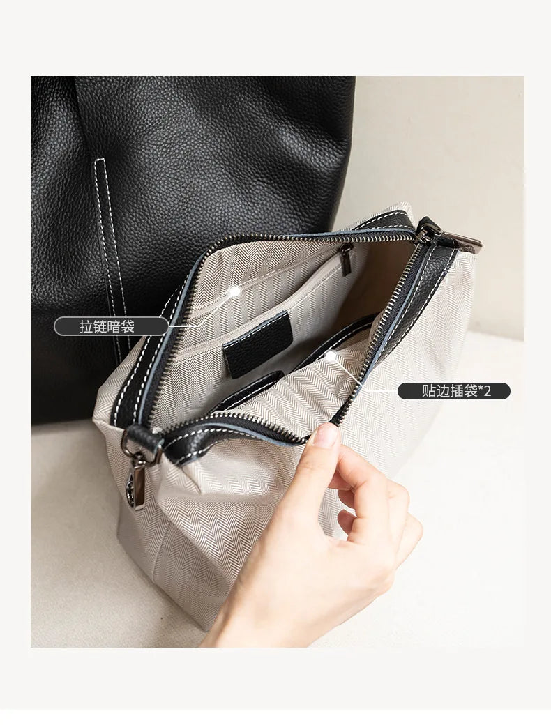 Couro genuíno commuter sacola simples senhoras macio tote bolsa de ombro grande capacidade bolsa balde feminina 2025 novo
