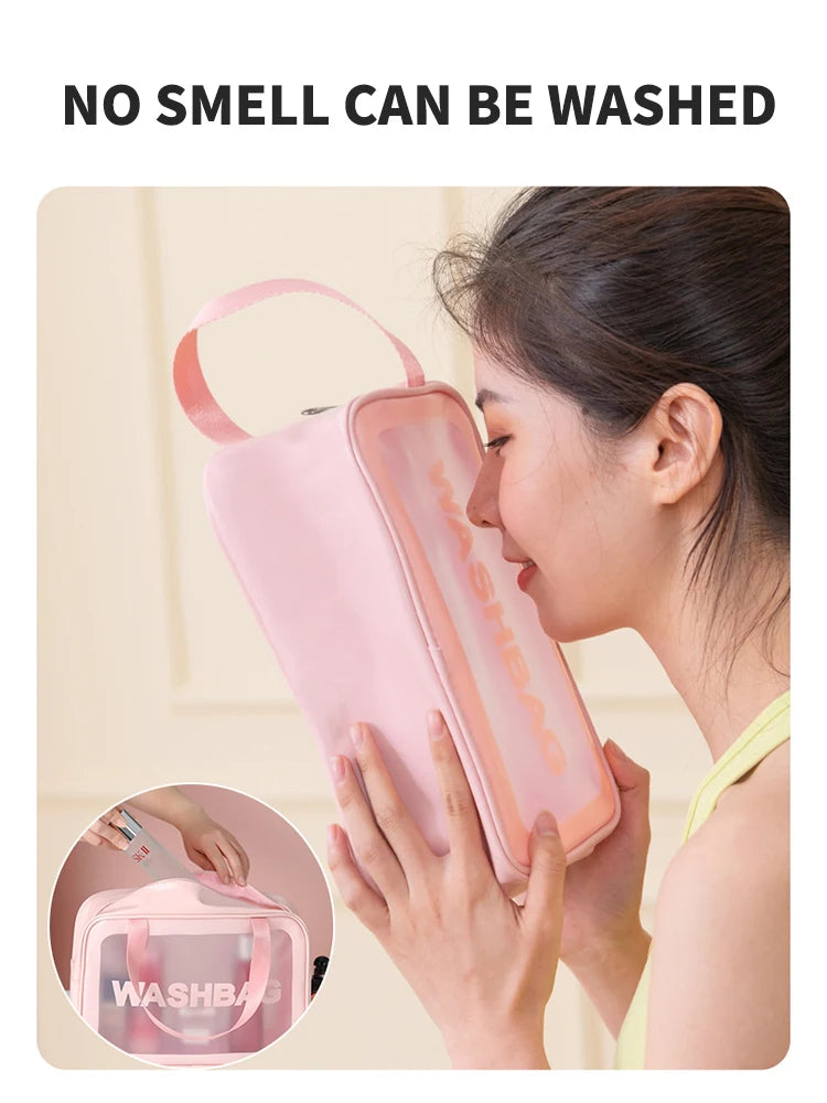 Bolsa transparente de três peças para maquiagem e produtos de higiene pessoal, bolsa de armazenamento portátil fosca semitransparente de pvc de grande capacidade