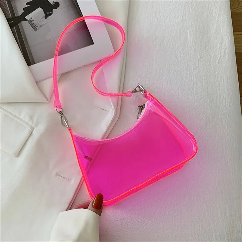 Bolsa de ombro de gelatina transparente para mulheres, bolsas pequenas com zíper nas axilas Y2K e bolsa da moda