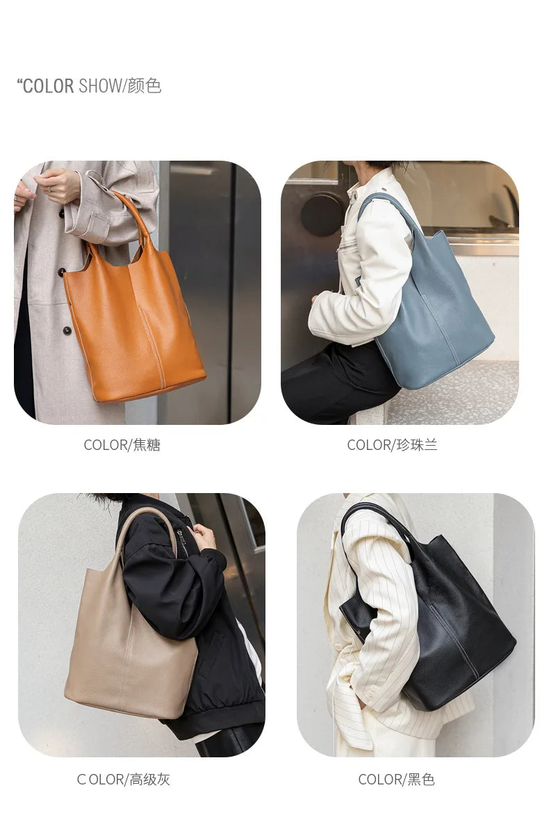 Couro genuíno commuter sacola simples senhoras macio tote bolsa de ombro grande capacidade bolsa balde feminina 2025 novo