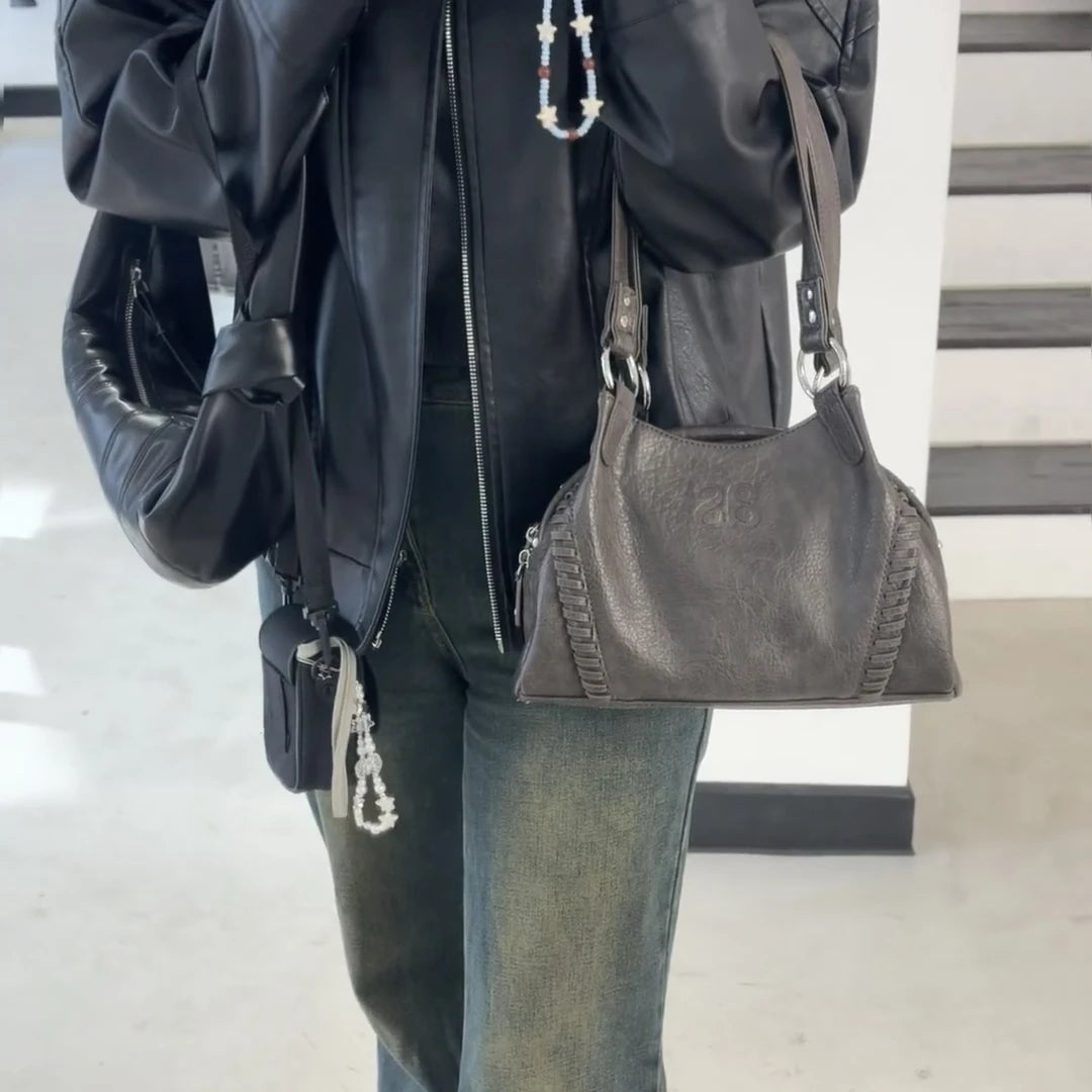 Nicho coreano ASON 24FW couro mini motocicleta bolsa de ombro único axila bolsa de grande capacidade