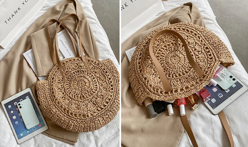 Sacos de palha redondos de verão para mulheres rattan bolsa de ombro viagem artesanal tecido praia bolsas femininas grande capacidade totes saco