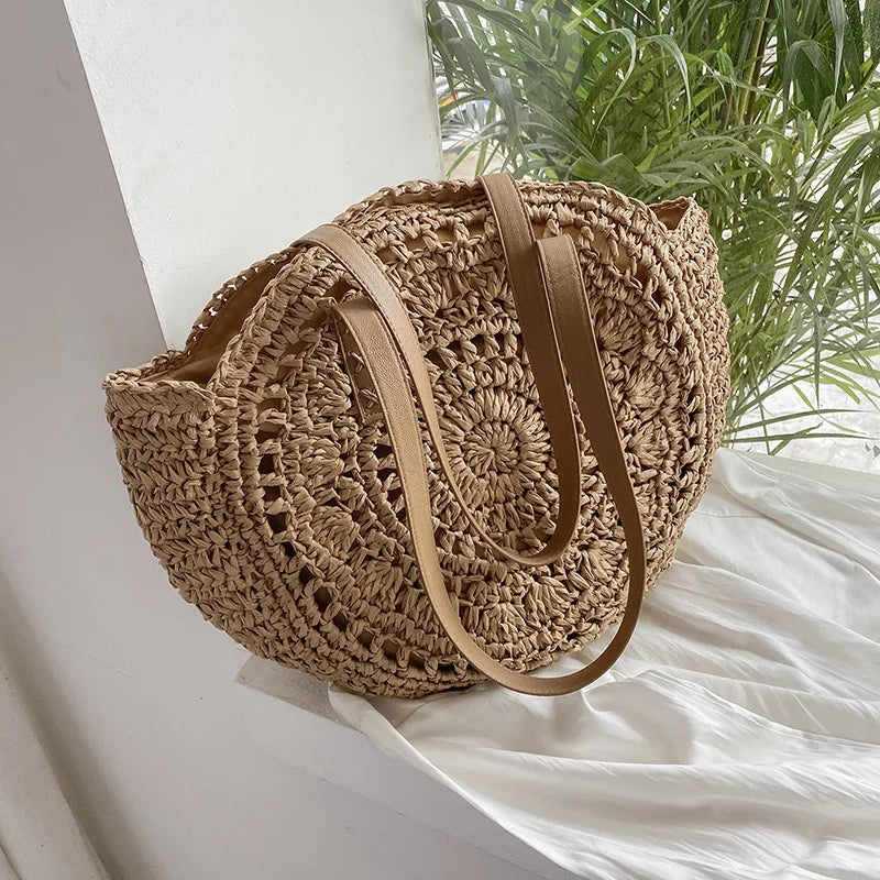 Sacos de palha redondos de verão para mulheres rattan bolsa de ombro viagem artesanal tecido praia bolsas femininas grande capacidade totes saco