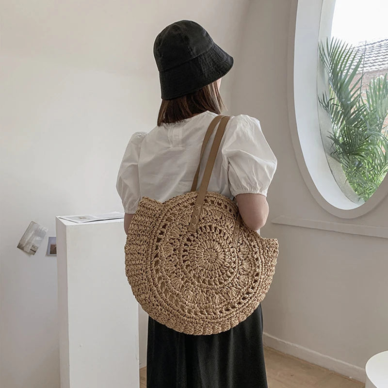 Sacos de palha redondos de verão para mulheres rattan bolsa de ombro viagem artesanal tecido praia bolsas femininas grande capacidade totes saco