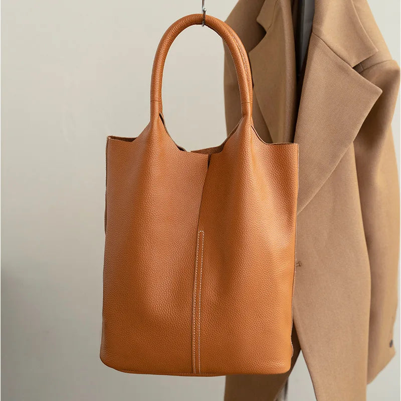 Couro genuíno commuter sacola simples senhoras macio tote bolsa de ombro grande capacidade bolsa balde feminina 2025 novo