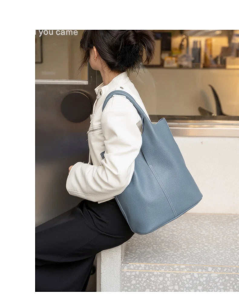 Couro genuíno commuter sacola simples senhoras macio tote bolsa de ombro grande capacidade bolsa balde feminina 2025 novo