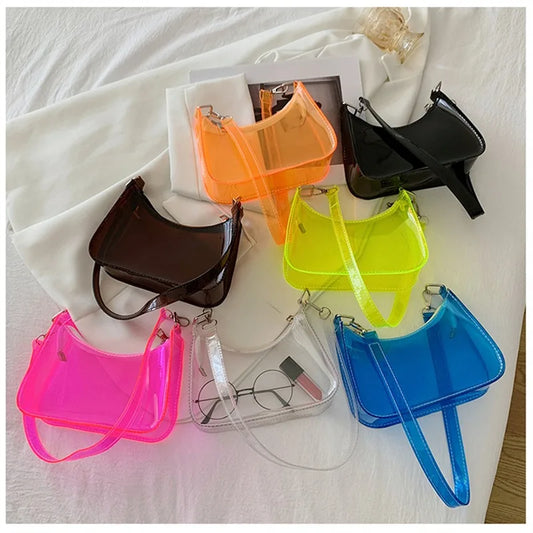Bolsa de ombro de gelatina transparente para mulheres, bolsas pequenas com zíper nas axilas Y2K e bolsa da moda