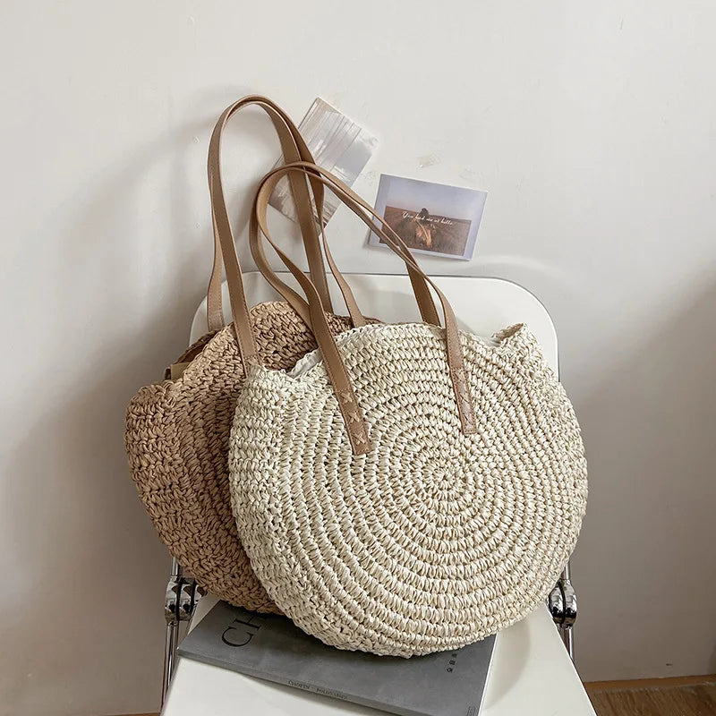 Verão redondo palha feminina férias tecido praia bolsa de ombro grande capacidade oco para fora simples sacola