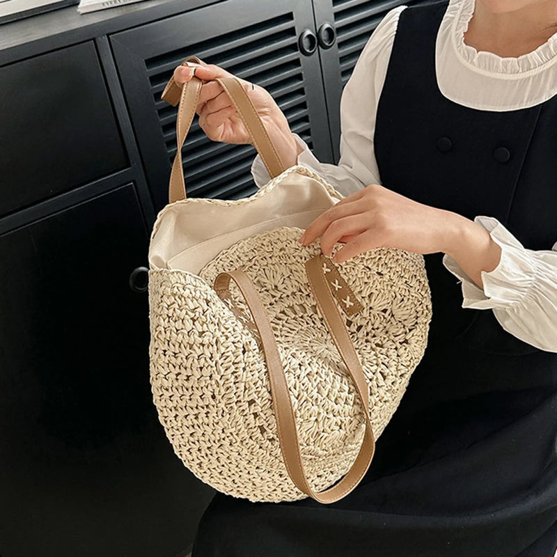 Verão redondo palha feminina férias tecido praia bolsa de ombro grande capacidade oco para fora simples sacola