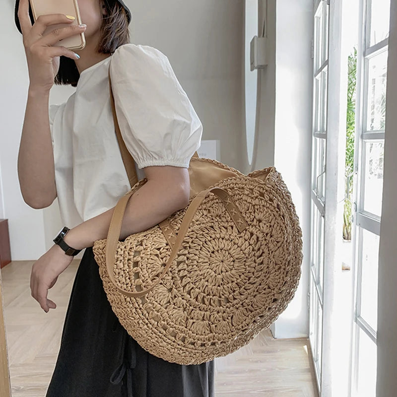 Sacos de palha redondos de verão para mulheres rattan bolsa de ombro viagem artesanal tecido praia bolsas femininas grande capacidade totes saco